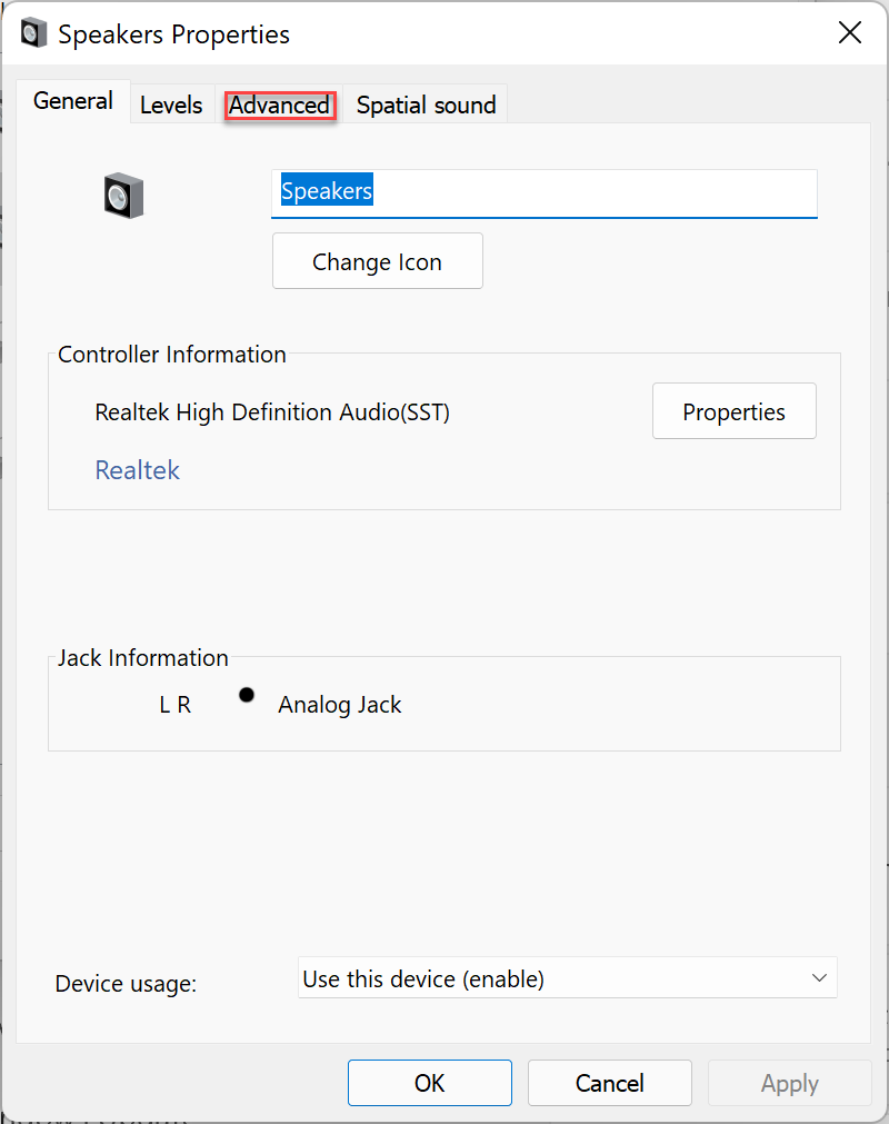 Click the Advanced Tab in Sound Settings